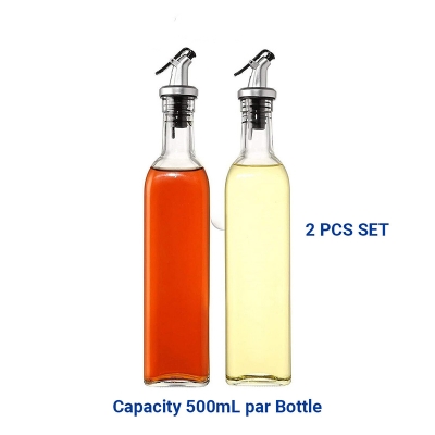 Picture of Glass Oil Bottle And Vinegar Pouring Dispenser, Condiment Set, Cruet, Seasoning For Dining Table And Kitchen, Airtight And Non-Drip Bottle Stoppers, Glass - 500Ml (Pack Of 2)
