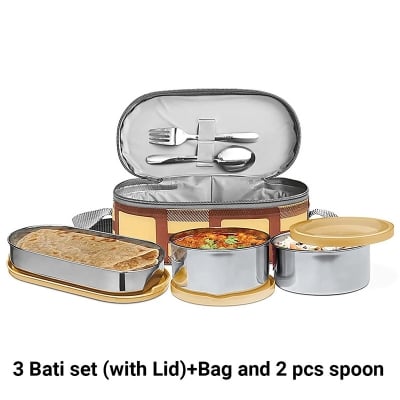 Picture of Milton Corporate Lunch Box - Stainless Steel, Oval & Round Containers, Leakproof, Maroon, 3 pcs set+Bag and 2 pcs spoon