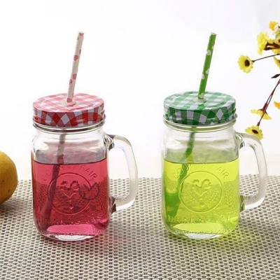 Picture of Glass Mason Jar for kitchen Storage Container and Beverages, Jars, Hole in Airtight Lid, Handle Mug for Milk, Tea, Coffee, Juice, Shakes, Soft Cold Drinks, Smoothie