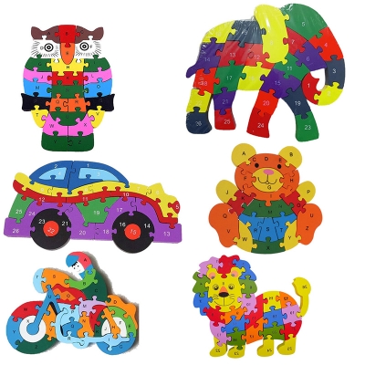 Picture of 26 pcs alphabet and Number Kids Wooden Block Puzzle Animal Wooden Abc Puzzles Mystery Puzzle Alphabet Puzzle Preschool Gift owl, elephant, motorcycle, car, Bear, Lion Multiple design