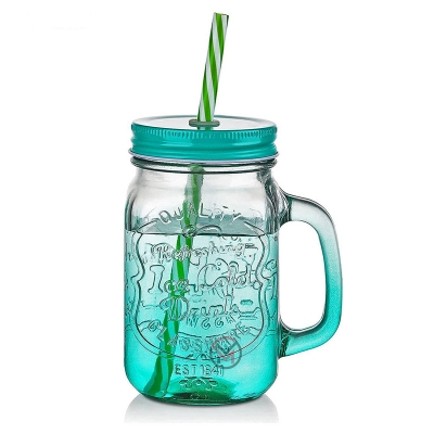 Picture of Drinking Glass with Handle and Lid 500 ml Colour Gradient Drinking Glasses Straw is RColourful Ice Cold Drink Glasses - Minimalistic Sophistication