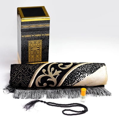 Picture of 1 pcs Premium Boxed Prayer Mat Black with Tasbeeh and Attar combo pack