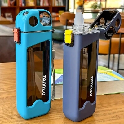 Picture of 1pc 350ml/11.83oz Plastic Leakproof Square Water Cup, Summer Straw Sports Water Bottle With Scale, Suitable For Outdoor Activities, Travel