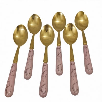 Picture of 6 pcs golden color spoon ceramic Hundle Stainless steel Tea spoon Multiple color Hundle 14 cm long