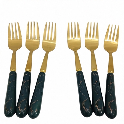 Picture of 6 pcs golden color spoon ceramic Hundle Stainless steel fork spoon Multiple color Hundle 14 cm long