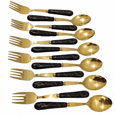 Picture of 12 pcs Tea and fork spoon golden color spoon ceramic hundle Tea and fork spoon 6 pcs tea and 6 pcs fork spoon 14cm long
