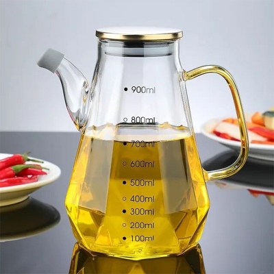 Picture of 900ml Home Creative Glass Diamond Oil Bottle with Scale and Handle Kitchen Soy Sauce Vinegar Condiment Storage Container