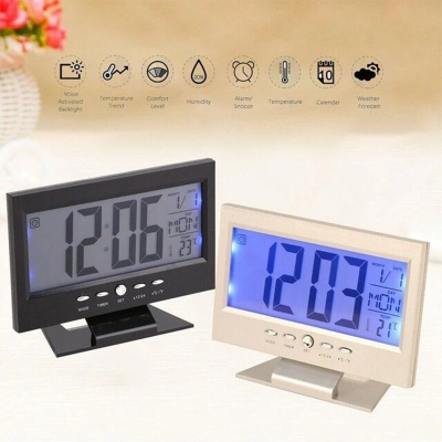 Picture of Acoustic Control Sensing Table Alarm Clock Thermometer Humidity Meter Calendar Backlight Digital Clock for Student
