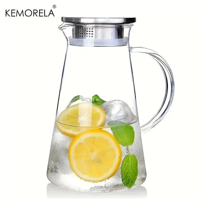 Picture of 1pc 1.8 Litter Glass Pitcher With Lid, Easy Clean Heat Resistant Glass Water Carafe With Handle For Hot/Cold Beverages, Water, Cold Brew, Iced Tea & Juice, For Home Restaurant Hotel Office, Drinkware Accessories