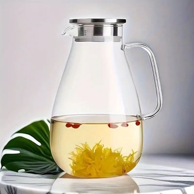 Picture of 1pc High Borosilicate Glass Pitcher With Stainless Steel Lid, Large Capacity,2000ML, Heat-Resistant, Transparent Water Jug For Tea & Juice, Home Beverage Carafe