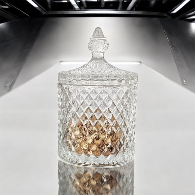 Picture of "Clear Small Crystal Candy Dish with Lid, Soda Lime Glass for Candy, Spice, and Food Storage, Beautiful Weave Design, Transparent for Easy Access, Includes Glass Lid, Ideal for Organizing Sweets, 1 Piece Mini"