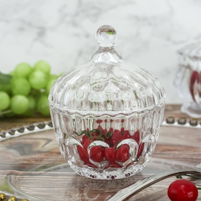 Picture of "Decorative 300 ML Soda Lime Glass Candy Dish with Lid, Ideal for Home and Office Desk, Perfect for Embossing Food Storage, Spices, and Candy, Transparent Design, Includes Glass Lid, 1 Piece"