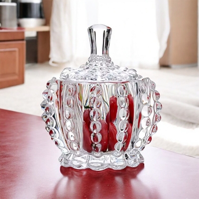 Picture of Clear Glass Candy Jar with Lid - Crystal Sugar Bowl, Small Decor Canister for Party and Wedding Gifts