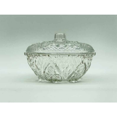 Picture of "Decorative Pressed Glass Sugar Bowl with Lid, Hearts and Fleur de Lis Patterns, Ideal for Candy Storage or Use as a Sugar Bowl, 1 Piece, Functional and Elegant Design for Any Kitchen or Dining Room"