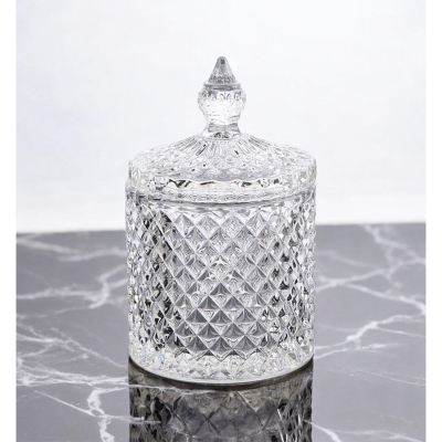 Picture of "Soda Lime Glass Crystal Candy Jar with Lid, Small Size Clear for Candy, Spice, and Food Storage, Features Weave Design, Transparent for Easy Viewing, Includes Glass Lid, Perfect for Organizing Sweets, 1 Piece Midium size"