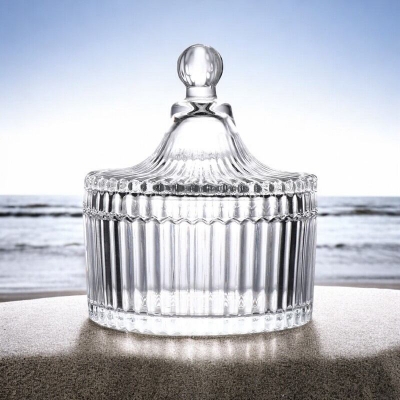 Picture of Amber Glass Storage Jar with Striped Design and Lid - Ideal for Snacks, Candy, Cosmetics, Jewelry, and Candle Storage