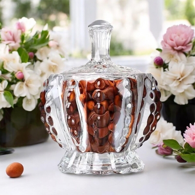 Picture of Crystal Glass Candy Sweet Jar with Lid, Small Clear Decor Canister for Food Storage, Spice, and Candy, Transparent Soda Lime Glass, Includes Glass Lid, Ideal for Party, Wedding, and Christmas Gifts, 1 Piece"