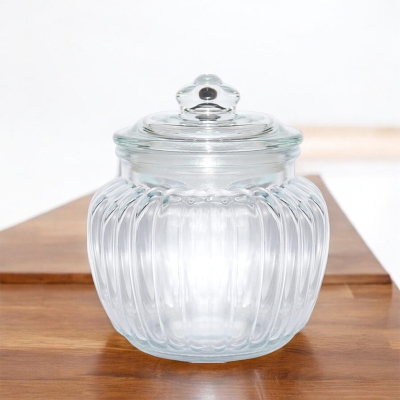 Picture of Stylish Crestal Clear Candy Storage Jar - 1 Pc, Glass with Lid, Vertical Stripes