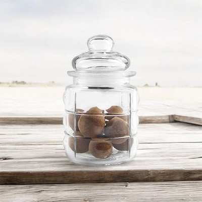 Picture of "Embossing 300ml Food Storage Glass Jar for Dried Fruit and Nuts, Small Size Soda Lime Glass, Airtight Glass Stopper, Transparent, Includes Glass Lid, Ideal for Storing Spices, Candy, and Sugar, 1 Piece, Same as Picture"