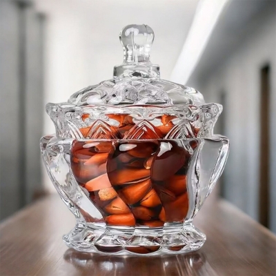 Picture of Decorative Crystal Glass Candy Jar with Lid, Transparent Storage Tank for Snacks, Ideal for Embossing Food Storage, Spice, and Candy, Made from Soda Lime Glass, Includes Glass Lid, 1 Piece"