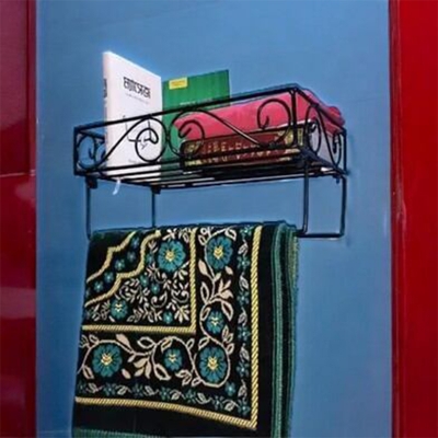 Picture of 12" Black Metal Wall Quran Stand – Features 2 Jaymamaz Hangers – Perfect for Quran Sharif Display and Jainamaj Hanging – Elegant and Practical Design for Home or Mosque.