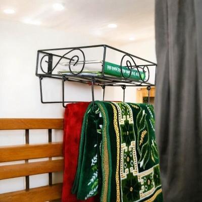 Picture of Elegant Black Metal Wall Mounted Quran Stand and Jaynamaz Shelf – Includes 3 Jaynamaz Hangers – Perfect for Quran Sharif Display and Prayer Needs – Sturdy and Practical Design for Home or Mosque – Quran Sharif Rack.