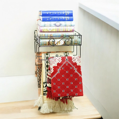 Picture of Elegant Black Metal Wall Mounted Quran Stand and Jaynamaz Shelf – Features 3 Jaynamaz Hangers – Perfect for Quran Sharif Display and Prayer Needs – Sturdy and Practical Design for Home or Mosque – Quran Sharif Rack.