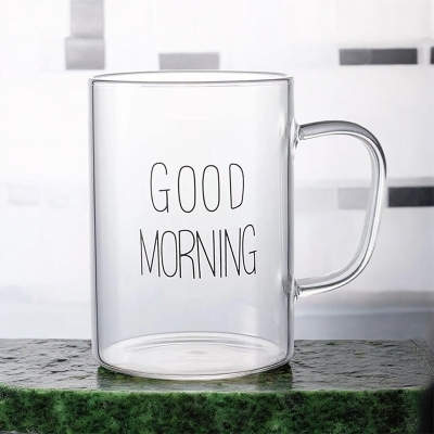Picture of Borosilicate Good Morning Glass Breakfast Cup - 450ml, Clear, Heat Resistant, Fireproof, Lightweight. Perfect for Coffee, Tea, Milk, Juice, Yogurt. Eco-Friendly. Ideal for Hot & Cool Drinks. Party Gift. 1pc.