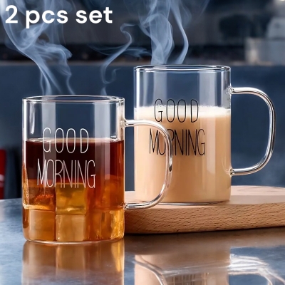 Picture of Set of 2 Good Morning Breakfast Mugs - 450ml Crystal Clear Borosilicate Glass, Heat Resistant, Lightweight, Fireproof (Lid Not Included)