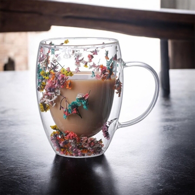 Picture of Creative Borosilicate Glass Mug - 300ml, Glitter Flower Design, Double Wall, Heat Resistant, Lightweight, Fireproof. Perfect for Coffee, Milk, Juice. Sea Snail and Conch Fillings. Ideal Gift (1pc).