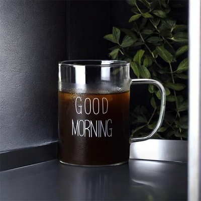 Picture of Borosilicate Glass Breakfast Cup - 450ml, Clear, Heat Resistant, Fireproof, Lightweight. Good Morning Printed. Perfect for Coffee, Tea, Milk, Juice, Yogurt. Eco-Friendly. Ideal for Hot & Cool Drinks. Gift. 1pc.