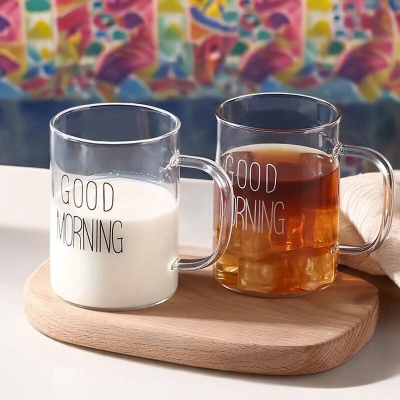 Picture of Set of 2 Good Morning Cups - 450ml Clear Borosilicate Glass, Heat Resistant, Fireproof, Lightweight, Perfect for Hot & Cold Drinks (Lid Not Included)