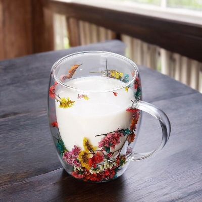 Picture of 300ml Double Wall Borosilicate Glass Mug - Glitter Flower Design, Heat Resistant, Fireproof, Lightweight. Ideal for Coffee, Milk, Juice. Sea Snail and Conch Fillings. Gift (1pc).