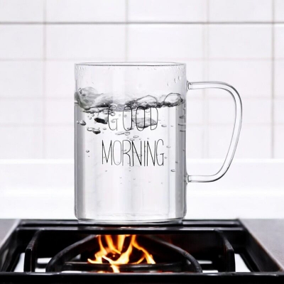 Picture of Borosilicate Good Morning Glass Mug - 450ml, Clear, Heat Resistant, Fireproof, Lightweight. Perfect for Coffee, Tea, Milk, Juice, Yogurt. Eco-Friendly. Ideal for Hot & Cool Drinks. Party Gift. 1pc.