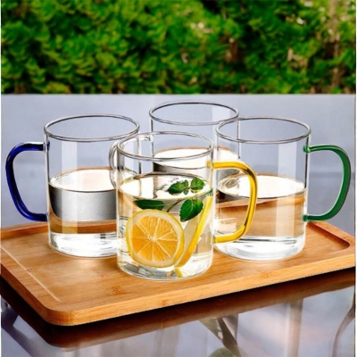 Picture of Heat Resistant Borosilicate Glass Mugs with Color Handles - GPB19L4, 450ml Clear, Lightweight, Fireproof for Oven Use, Perfect for Drinks (4pcs Set)