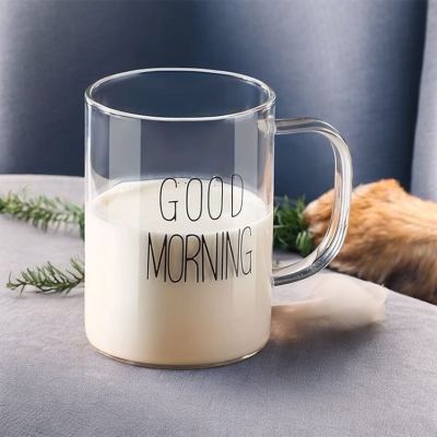 Picture of Clear Borosilicate Mug - 450ml, Heat Resistant, Fireproof, Lightweight. Good Morning Printed. Ideal for Coffee, Tea, Milk, Juice, Yogurt. Eco-Friendly. Perfect for Hot & Cool Drinks. Gift for Parties. 1pc.