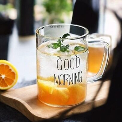 Picture of 450ml Clear Borosilicate Mug - Heat Resistant, Fireproof, Lightweight. Good Morning Printed. Ideal for Coffee, Tea, Milk, Juice, Yogurt. Perfect for Hot & Cool Drinks. Gift for Parties. 1pc.