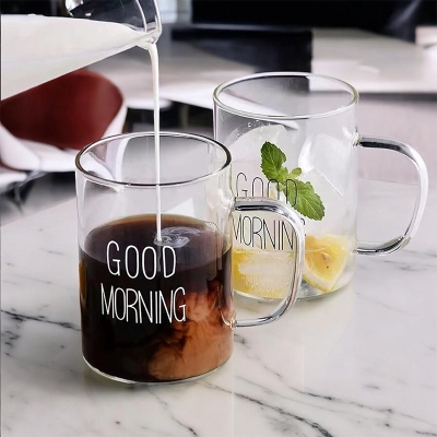 Picture of Good Morning Printed Couple Mugs - 2pcs 450ml Clear Glass, Heat Resistant (Lid Not Included)