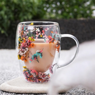 Picture of Glitter Flower Mug - 300ml Borosilicate Glass, Double Wall, Heat Resistant, Fireproof, Lightweight. Perfect for Coffee, Milk, Juice. Sea Snail and Conch Fillings. Ideal Gift (1pc).
