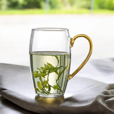 Picture of 1pc Borosilicate Glass Tea Cup - 330ml, Clear, Heat Resistant, Fireproof, Lightweight, Golden Handle