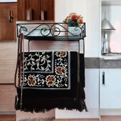 Picture of "Iron Quran Majid and Zaynamaaz Rack – Wall-Mounted Black, 15x10x3.5 Inch Square Design – Durable Modern Storage"