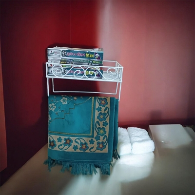 Picture of Elegant Quran & Book Display Stand – Sturdy White Metal Wall Shelf – Includes 2 Jaynamaz Hangers – Ideal for Religious Use