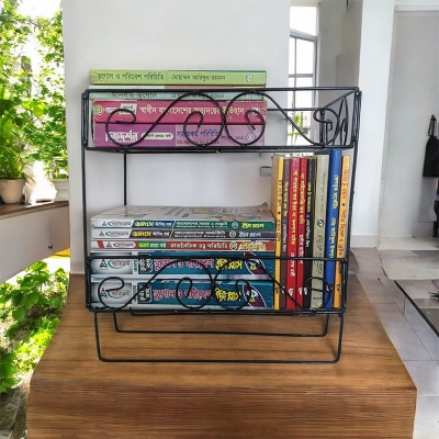 Picture of Black Metal Quran and Book Wall Stand with Jainamaz Hangers – 2-Layer, Ideal for Religious Display.