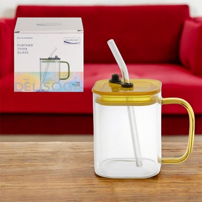 Picture of 490ml Clear Borosilicate Glass Tumbler with Multicolor Handle, Acrylic Lid & Straw – Microwave Safe, Scratch Resistant – Ideal for Milk, Coffee, Juice – 1PCS.