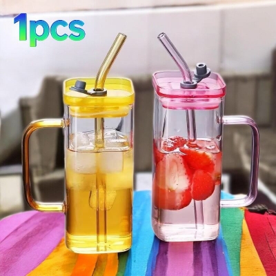 Picture of 400ml Square Glass Cup with Multicolor Handle, Acrylic Lid, and Straw – Borosilicate Glass, Microwave Safe, Scratch Resistant – Perfect for Coffee, Milk, Juice – 1PCS.