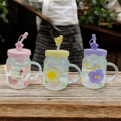 Picture of Lightweight 400ml Borosilicate Glass Juice Mug | Multi-Color Printed Jar with Handle | Glass Straw & Silicone Cap | Microwave Safe & Durable