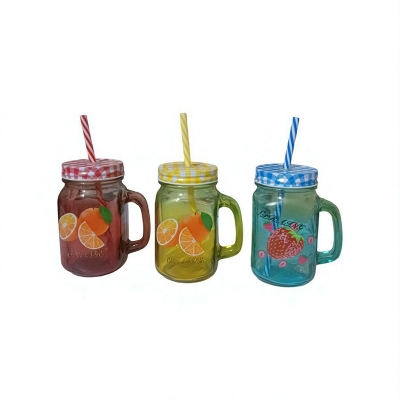 Picture of 1pcs  glass Mason jar mug with a handle, a checkered lid, and a striped straw, designed with print print body for drinking beverages. 