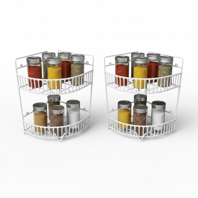 Picture of Premium 2-Piece Combo Set Metal Spice Rack Organizer for kitchen countertops, featuring two durable white double-tier wire shelves to neatly store seasoning jars, condiments, and essential pantry items efficiently today.