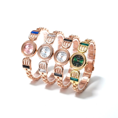 Picture of Elegant Rose Gold and Gold Bracelet Watches for Women with Vibrant Gemstone Accents Including Emerald Green, Royal Blue, and Crystal White Dials Perfect for Party Wear and Special Occasion Gifting.