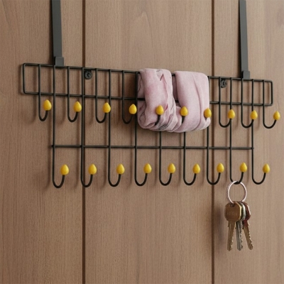 Picture of Heavy Duty Over The Door 19-Hook Hanger for Clothes Bags and Hats Stylish Black Metal Space Saving Organizer Rack for Bedroom Bathroom Kitchen Office No Drill Installation Required for Easy Storage.